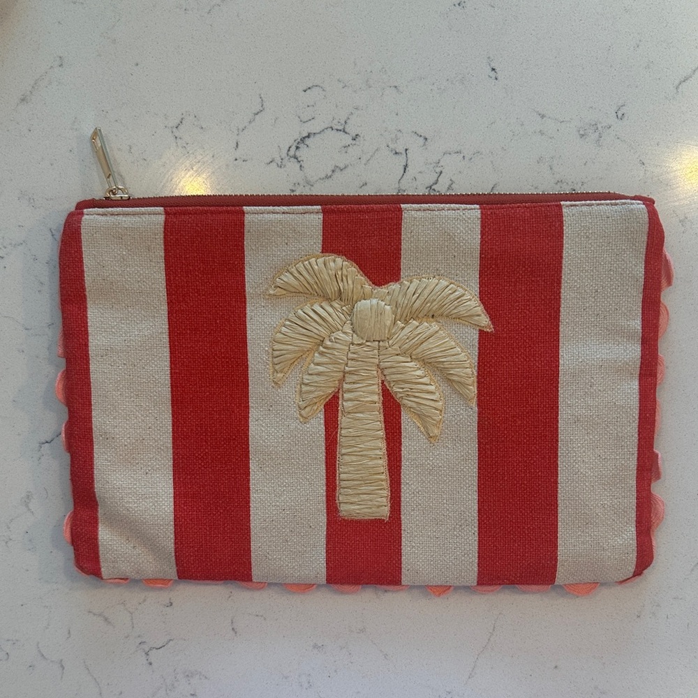 LOFT Red & Cream Striped Palm Tree Zip Pouch CLUTCH